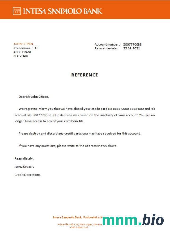 Słowenia Intesa Sanpaolo przykład zamknięcia banku w formatach Word i PDF
